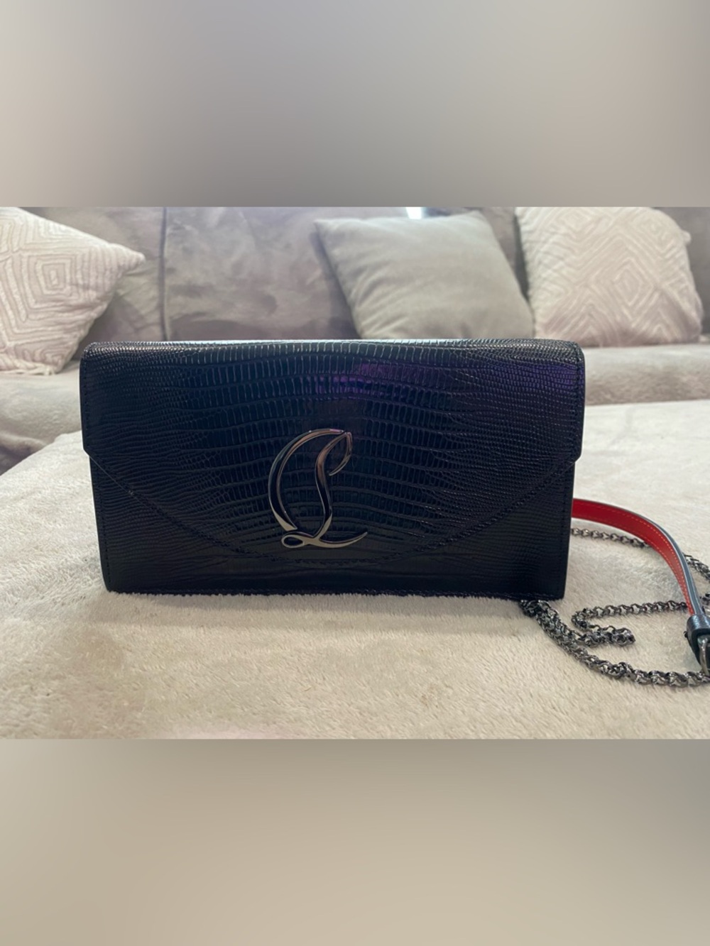 Christian Louboutin Black Lizard-Embossed Clutch with Signature Logo